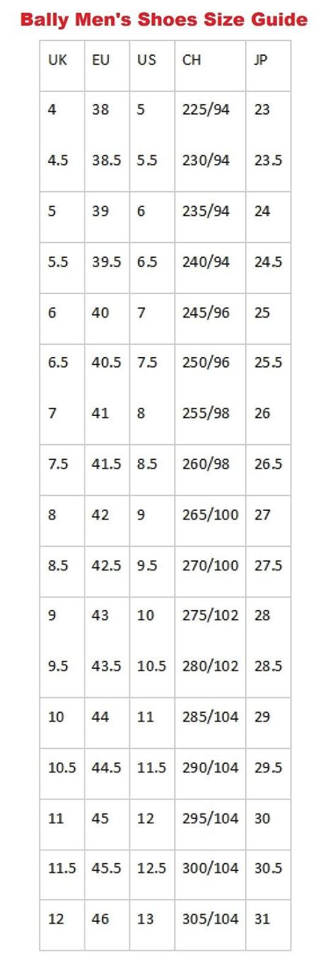 bally men's shoe size chart.